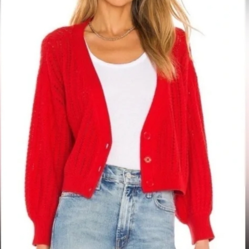 Alice + Olivia Windsor Deep V Slouchy Cable Knit Cardigan in Bright Poppy